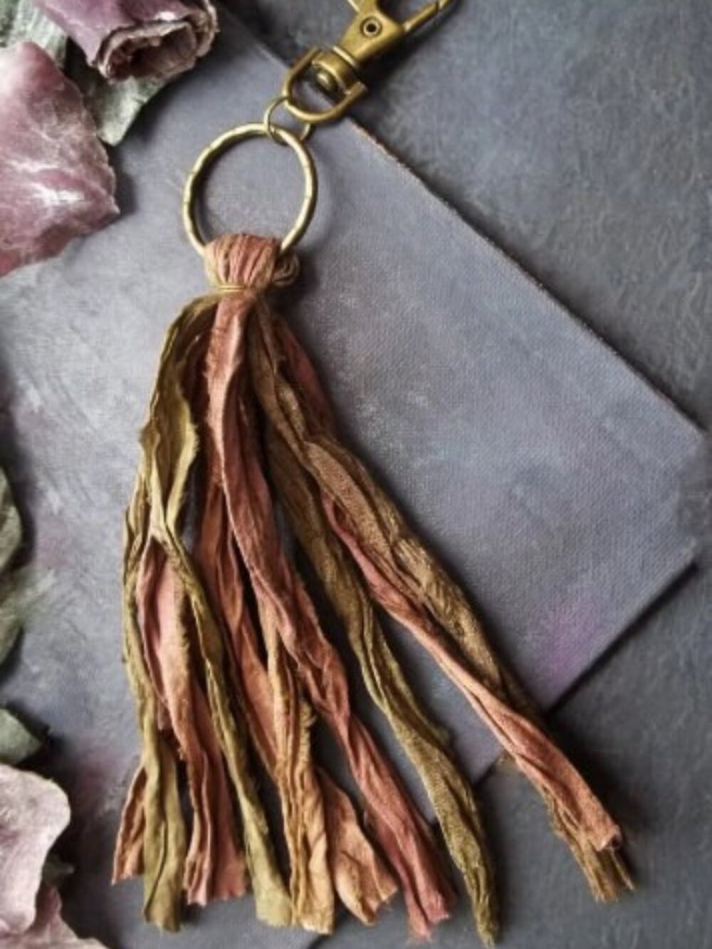 Boho Handmade Recycled Sari Silk Tassel Keychain Purse Bag Charm Sage Green